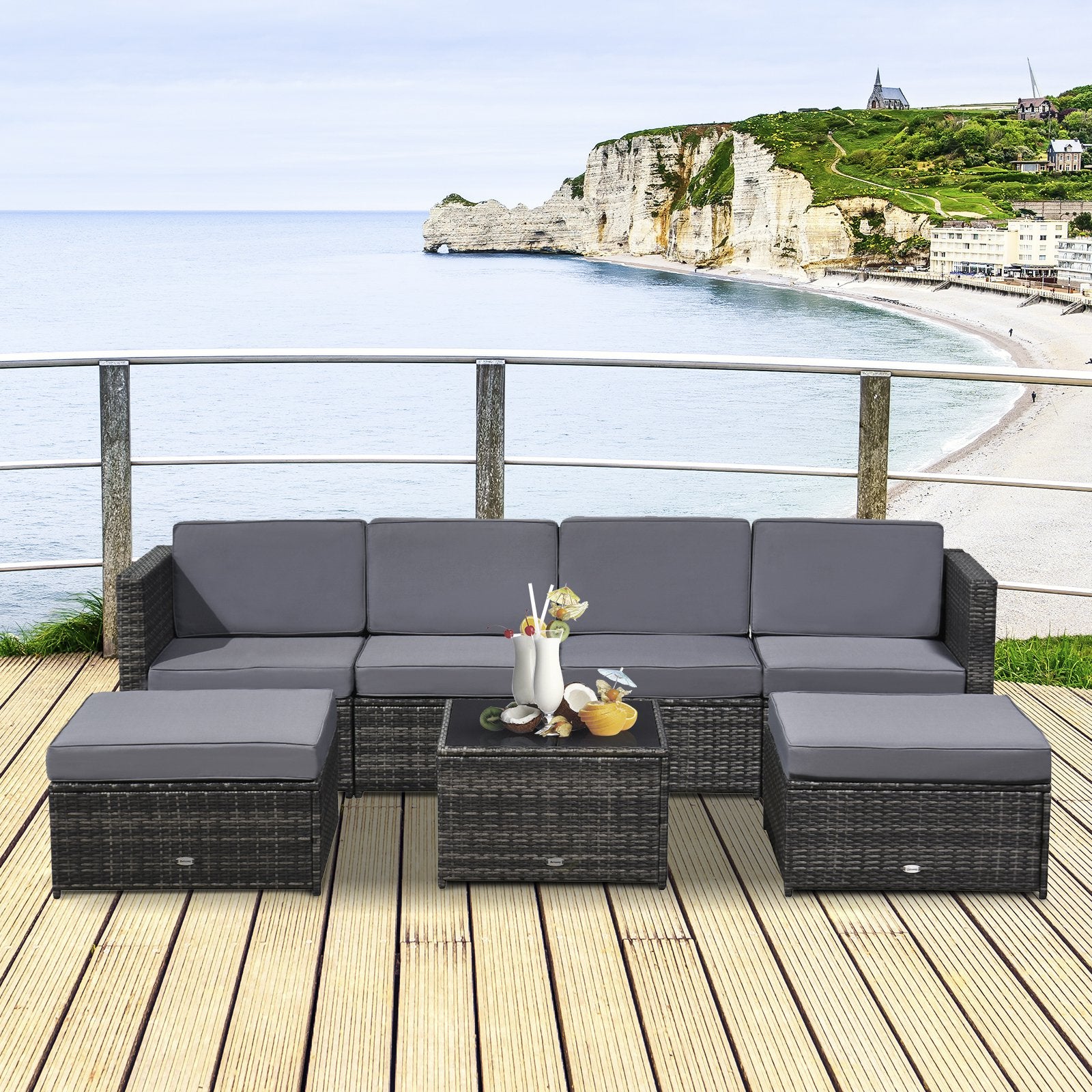 EasyComfort Set da 7 Pezzi Salotto da Esterni in Rattan con Poltrona Pouf Tavolino Grigio