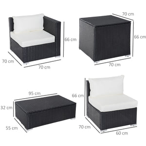 EasyComfort Set da Giardino 6 Pezzi, 4 Poltrone con Cuscini e 2 Tavolini Contenitore in Rattan PE, Nero e Crema