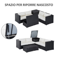 EasyComfort Set da Giardino 6 Pezzi, 4 Poltrone con Cuscini e 2 Tavolini Contenitore in Rattan PE, Nero e Crema