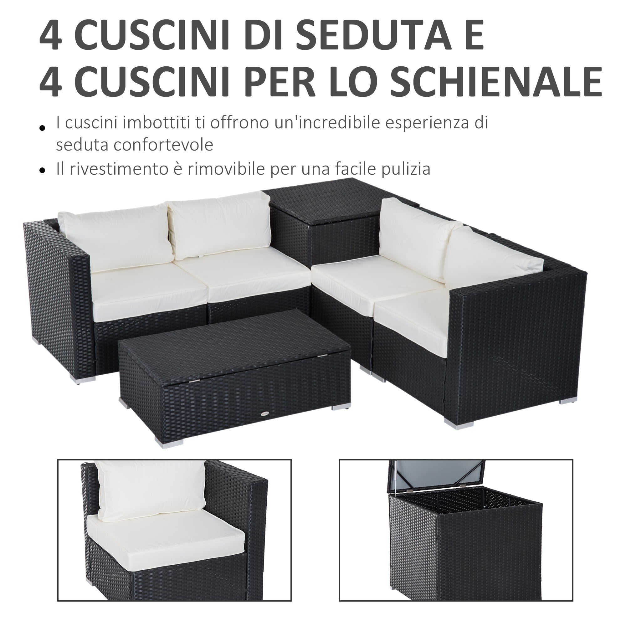 EasyComfort Set da Giardino 6 Pezzi, 4 Poltrone con Cuscini e 2 Tavolini Contenitore in Rattan PE, Nero e Crema