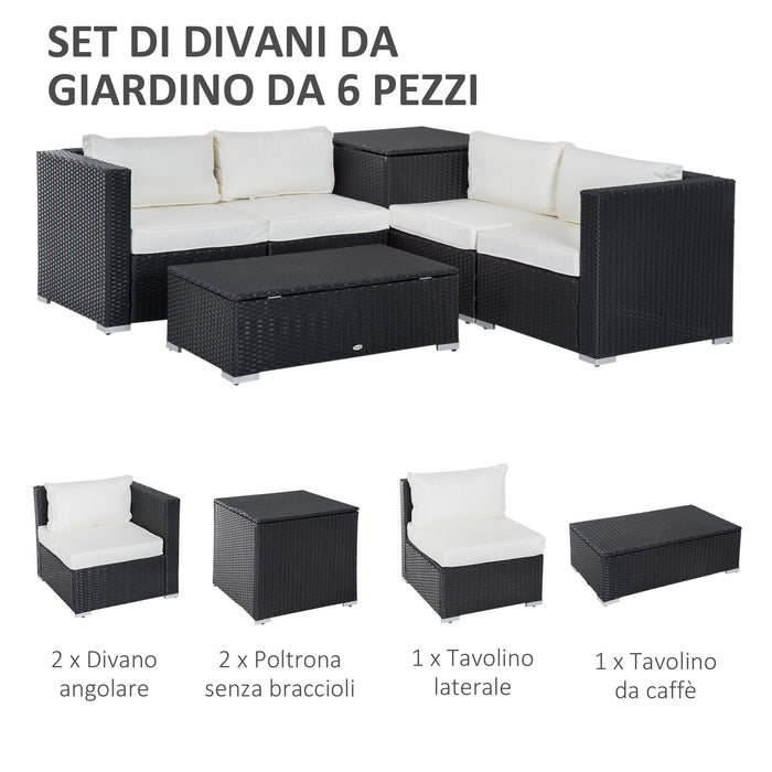 EasyComfort Set da Giardino 6 Pezzi, 4 Poltrone con Cuscini e 2 Tavolini Contenitore in Rattan PE, Nero e Crema