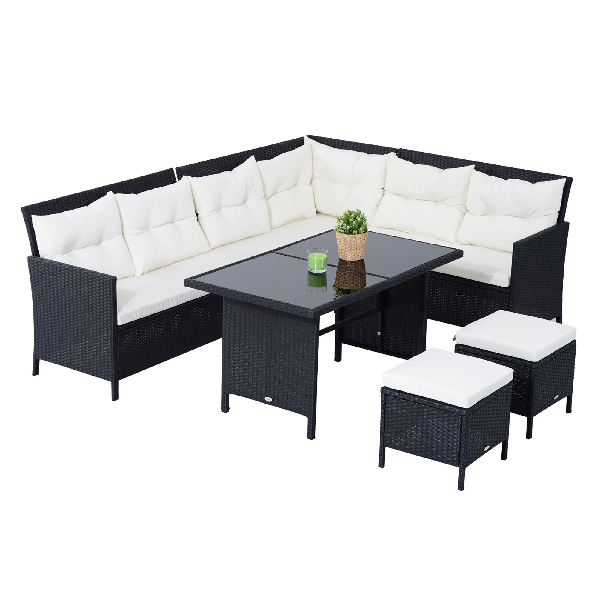 Set Salotto da Giardino in Rattan Sintetico 6 pezzi DIvano con Cuscini e Tavolino Nero