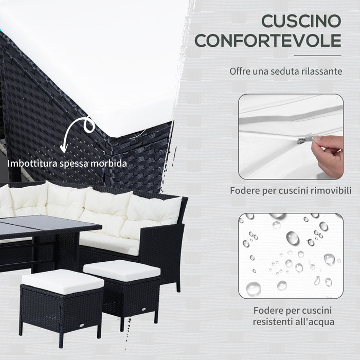 Set Salotto da Giardino in Rattan Sintetico 6 pezzi DIvano con Cuscini e Tavolino Nero