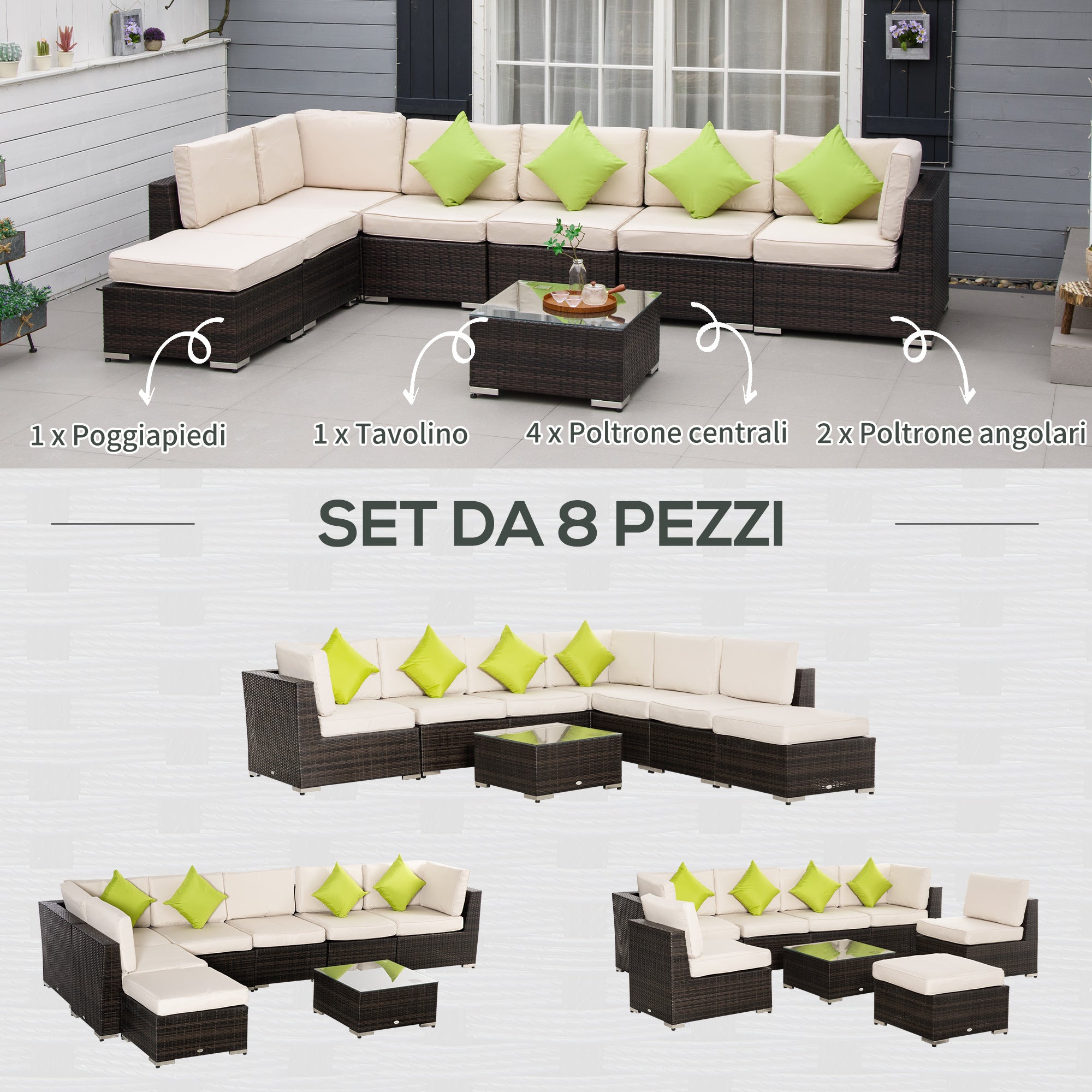 EasyComfort Mobili da Giardino in Rattan e Alluminio Set 8 Pezzi, Salotto da Giardino Componibile con Divani e Tavolino da Esterno