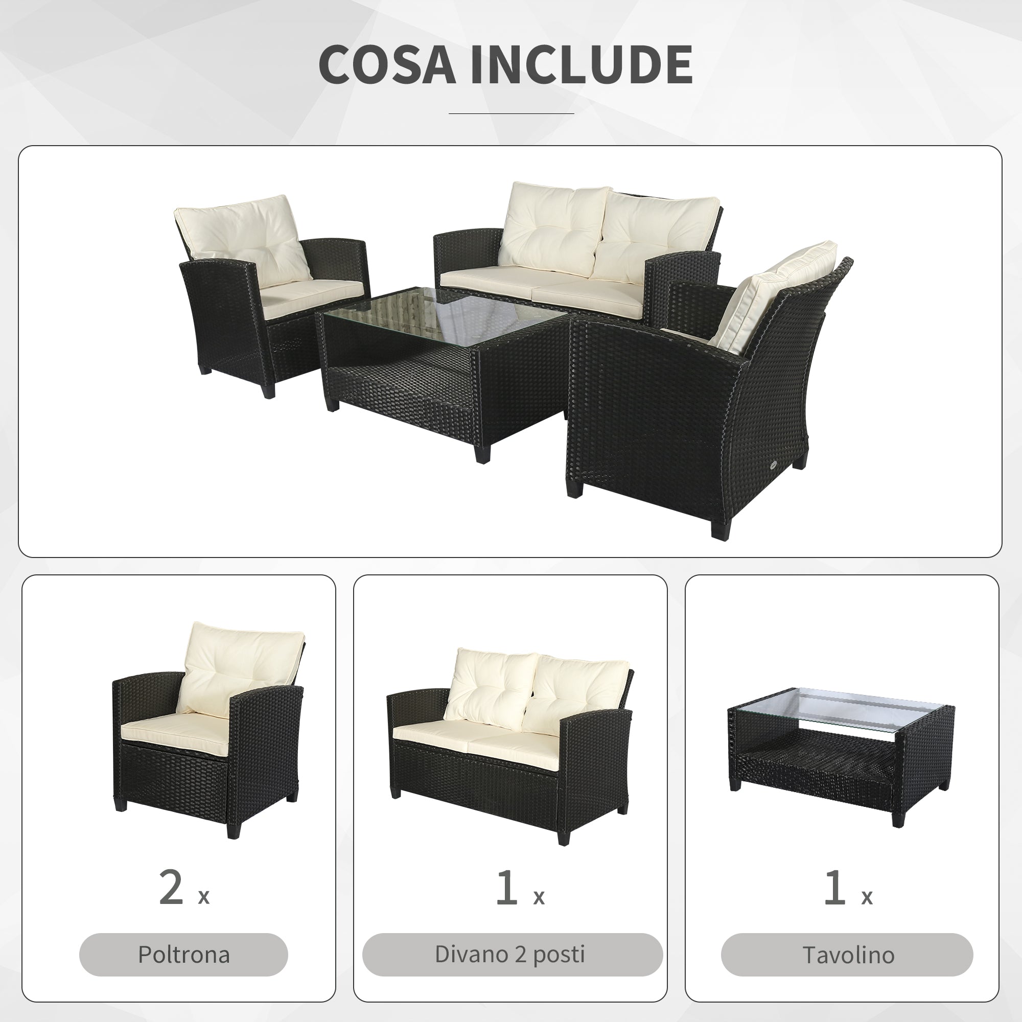 EASYCOMFORT  Set Mobili da Giardino 4 Pezzi in Rattan PE Tavolino, Divano e Poltrone Nero con Cuscini Beige