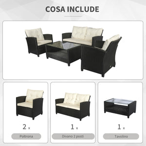 EASYCOMFORT  Set Mobili da Giardino 4 Pezzi in Rattan PE Tavolino, Divano e Poltrone Nero con Cuscini Beige