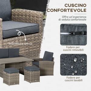 EasyComfort Set Salotto da Giardino in Rattan PE con Divano 3 Posti, 2 Poltrone, 2 Sgabelli e Tavolo, Grigio