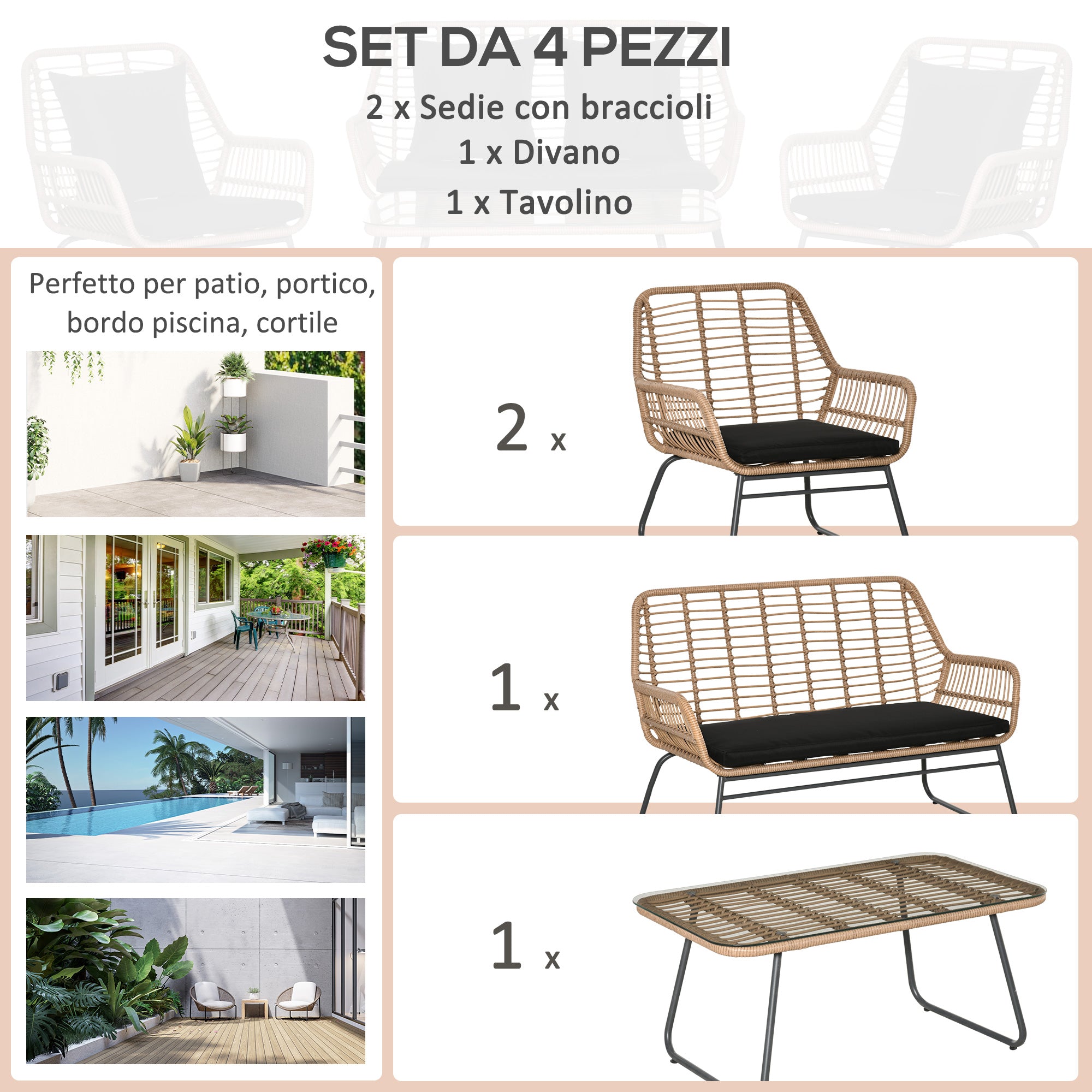 EasyComfort Set Mobili da Giardino Stile Boho in Rattan PE con 2 Poltrone, Divanetto e Tavolino