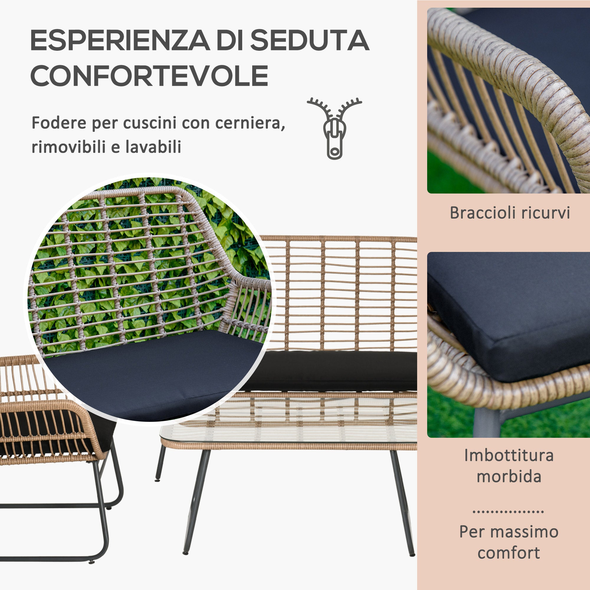 EasyComfort Set Mobili da Giardino Stile Boho in Rattan PE con 2 Poltrone, Divanetto e Tavolino