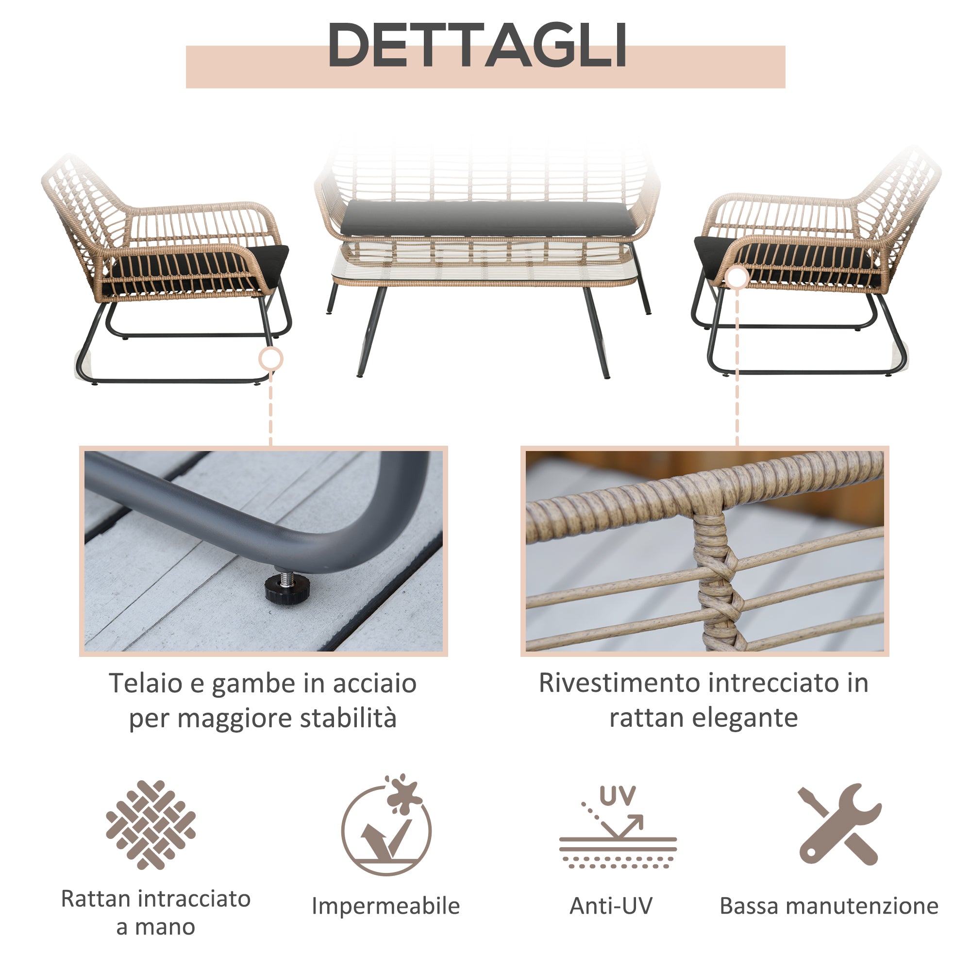 EasyComfort Set Mobili da Giardino Stile Boho in Rattan PE con 2 Poltrone, Divanetto e Tavolino