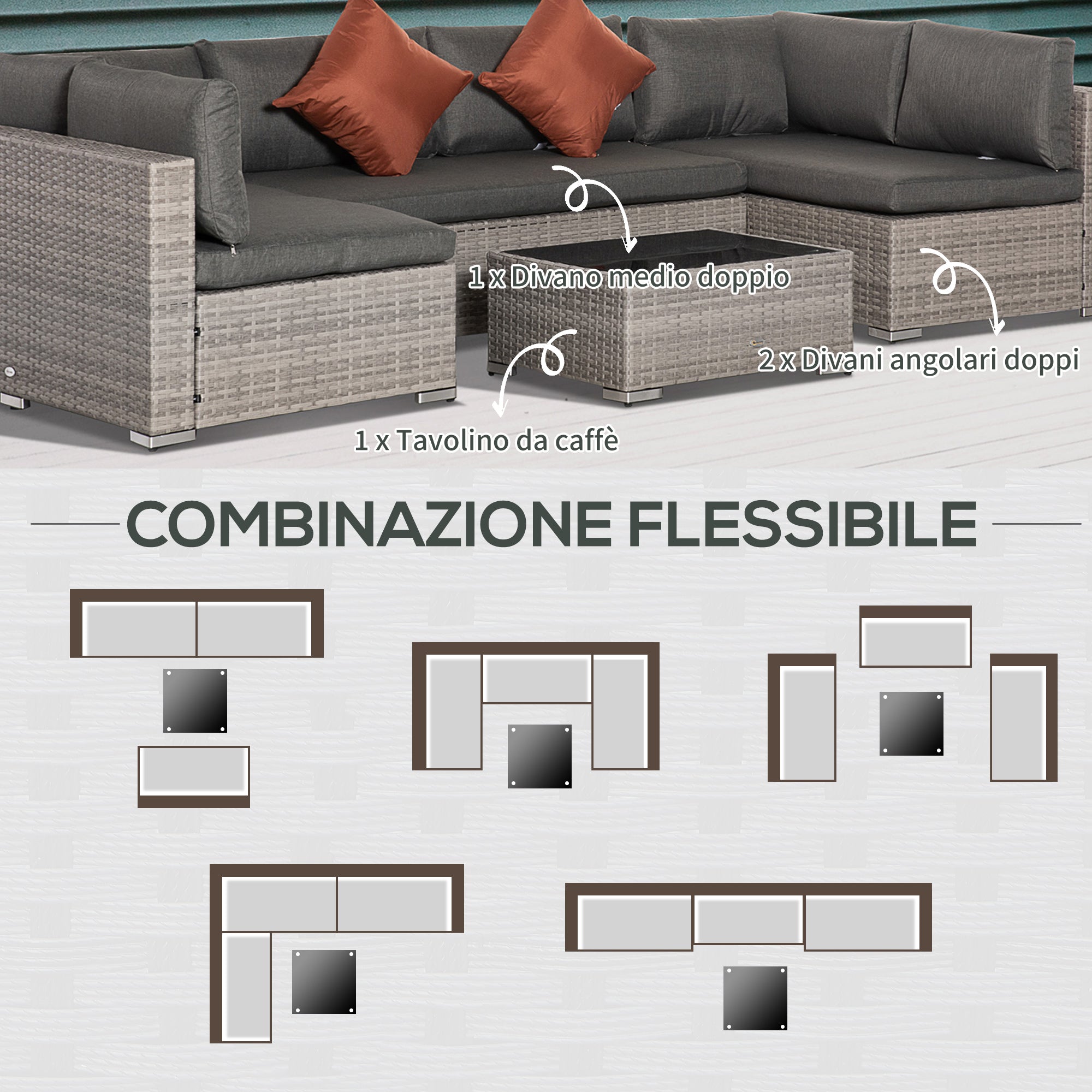 EasyComfort Set Mobili da Giardino 4 Pezzi in Rattan PE, Salotto da Esterno con 3 Divani e 1 Tavolino da Caffè, Cuscini Rimovibili e Lavabili, Grigio