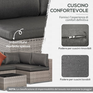 EasyComfort Set Mobili da Giardino 4 Pezzi in Rattan PE, Salotto da Esterno con 3 Divani e 1 Tavolino da Caffè, Cuscini Rimovibili e Lavabili, Grigio