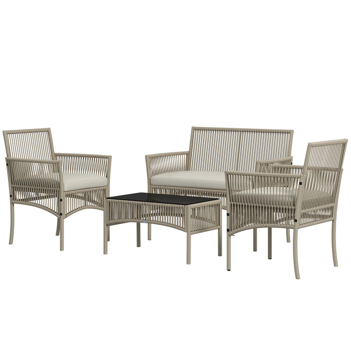 Set Salotto da Giardino in Rattan sintetico Tavolino 2 Poltrone con Divano con Cuscini Cachi