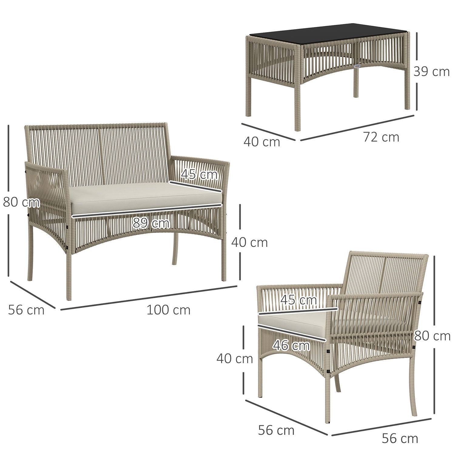 Set Salotto da Giardino in Rattan sintetico Tavolino 2 Poltrone con Divano con Cuscini Cachi