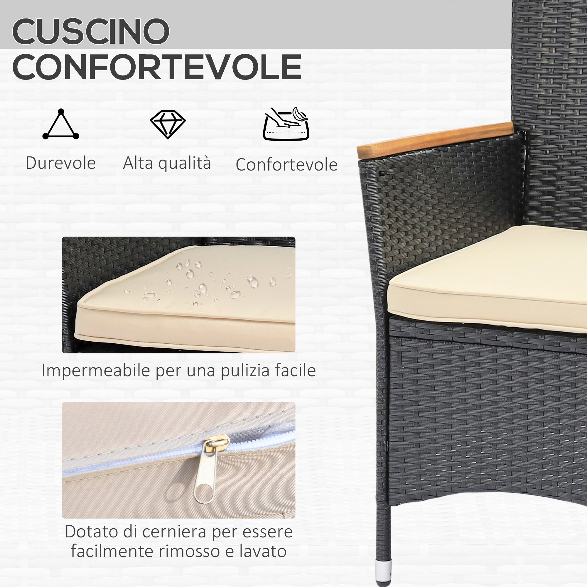 EasyComfort Set Tavolo e Sedie da Giardino 7 Pezzi in PE Rattan e Legno con Cuscini Morbidi, Nero