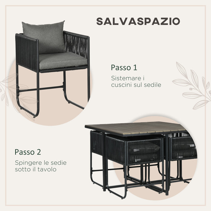 EasyComfort Set da Giardino 5 Pezzi in Rattan PE e Acciaio, 4 Sedie da Esterno con Cuscini e Tavolo Rettangolare