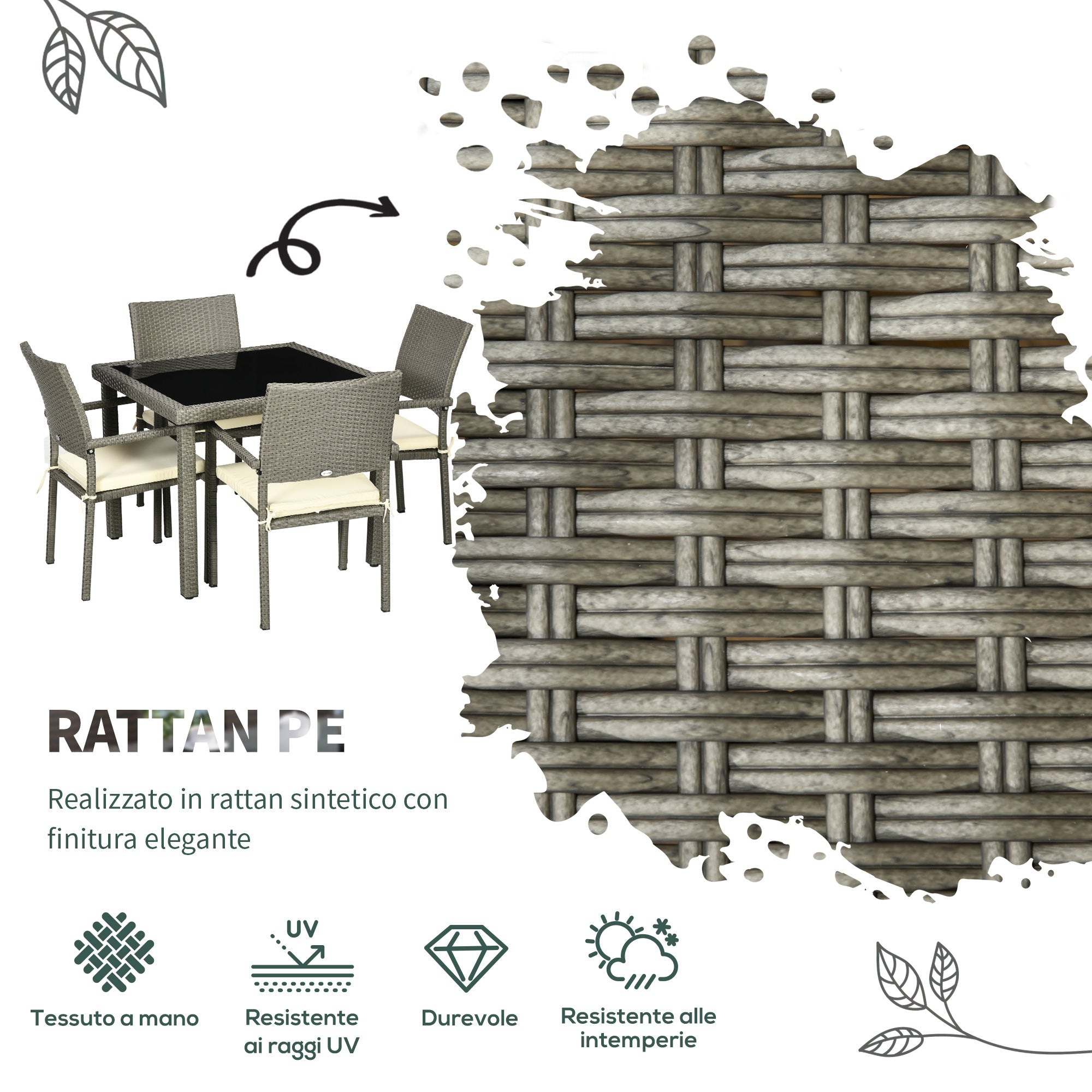 EasyComfort Set da Esterni in Rattan PE con Tavolo e 4 Sedie con Cuscini, Grigio