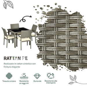 EasyComfort Set da Esterni in Rattan PE con Tavolo e 4 Sedie con Cuscini, Grigio