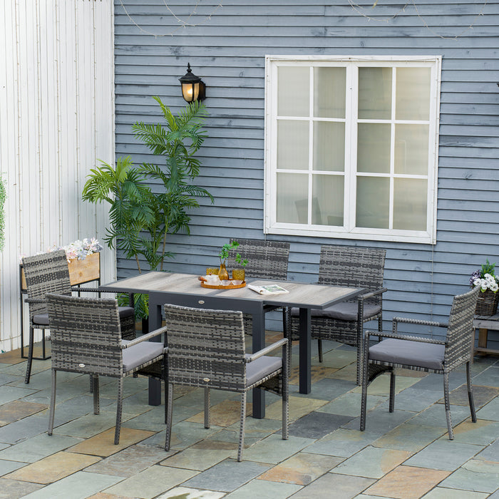 EasyComfort Set da Giardino con Tavolo Allungabile e 6 Sedie con Cuscini in Rattan PE, Grigio e Marrone