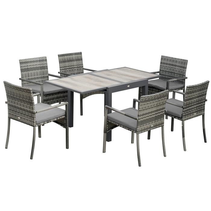 EasyComfort Set da Giardino con Tavolo Allungabile e 6 Sedie con Cuscini in Rattan PE, Grigio e Marrone