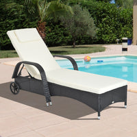 Easycomfort Lettino Prendisole da Giardino con Ruote, Sedia a Sdraio per Spiaggia con Altezza Regolabile in Rattan, Nero e Crema, 200x73x103cm