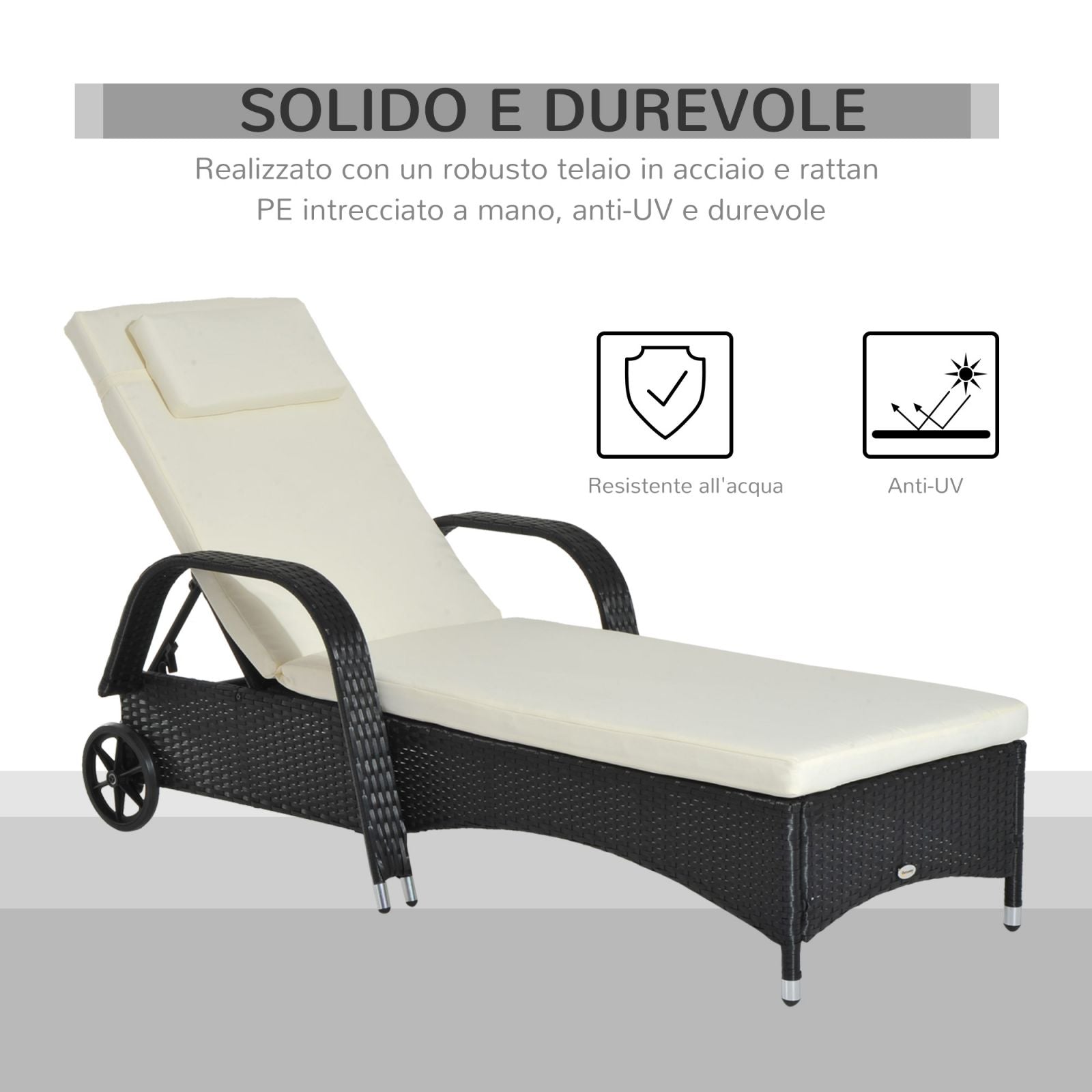 Easycomfort Lettino Prendisole da Giardino con Ruote, Sedia a Sdraio per Spiaggia con Altezza Regolabile in Rattan, Nero e Crema, 200x73x103cm