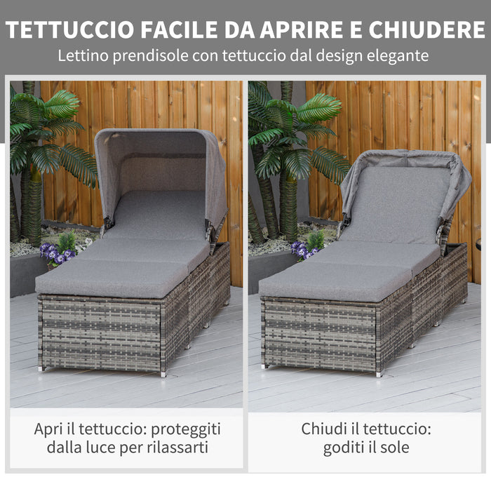 EASYCOMFORT  Lettino Prendisole in Rattan PE, Schienale Reclinabile a 4 Livelli, Tettuccio e Materassino