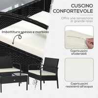 EasyComfort Set Mobili da Giardino in Rattan Sintetico Composto da 1 tavolino 2 poltrone e 1 divano a 2 posti Nero e Crema