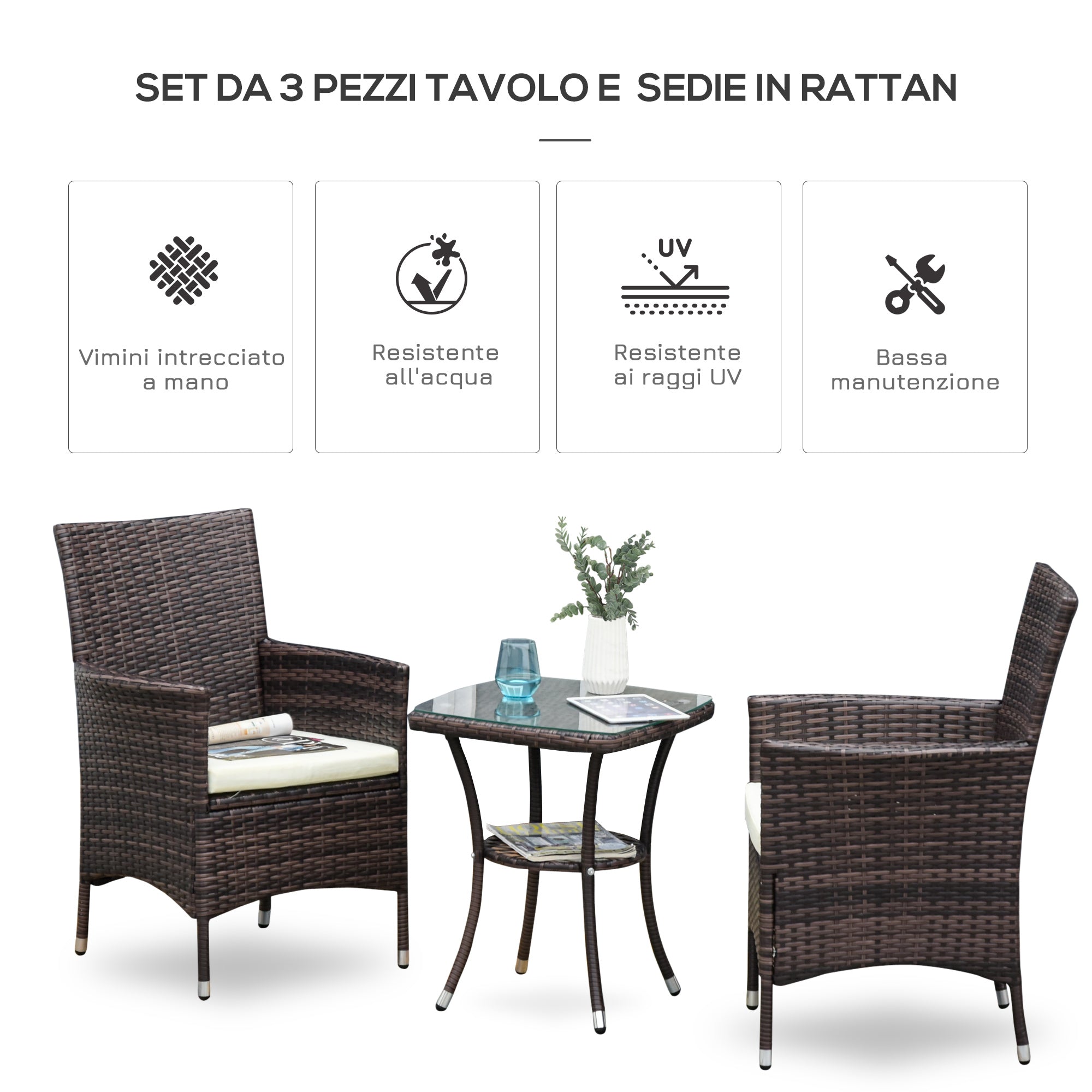 Set Salotto da Giardino in Rattan Sintetico 2 Poltrone e Tavolino Marrone