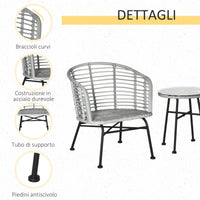 EasyComfort Set Mobili da Giardino in Rattan Sintetico Stile Boho Chic con 1 Tavolino e 2 Sedie, Grigio