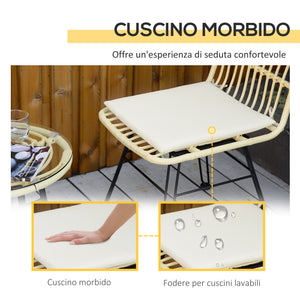 EasyComfort Set Mobili da Giardino 3 Pezzi con Tavolino e Sedie in Rattan PE, Poilestere e Acciaio per Esterni, Crema