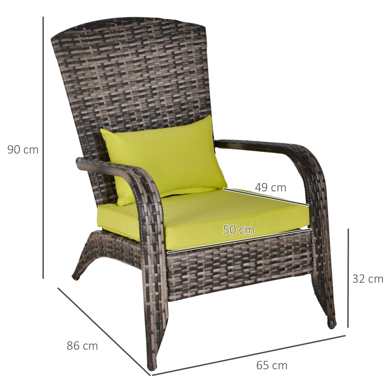 EasyComfort Sedia da Giardino in Rattan, Poltrona da Esterno a Adirondack con Braccioli e Cuscini Imbottiti, Grigia, 65x86x90cm