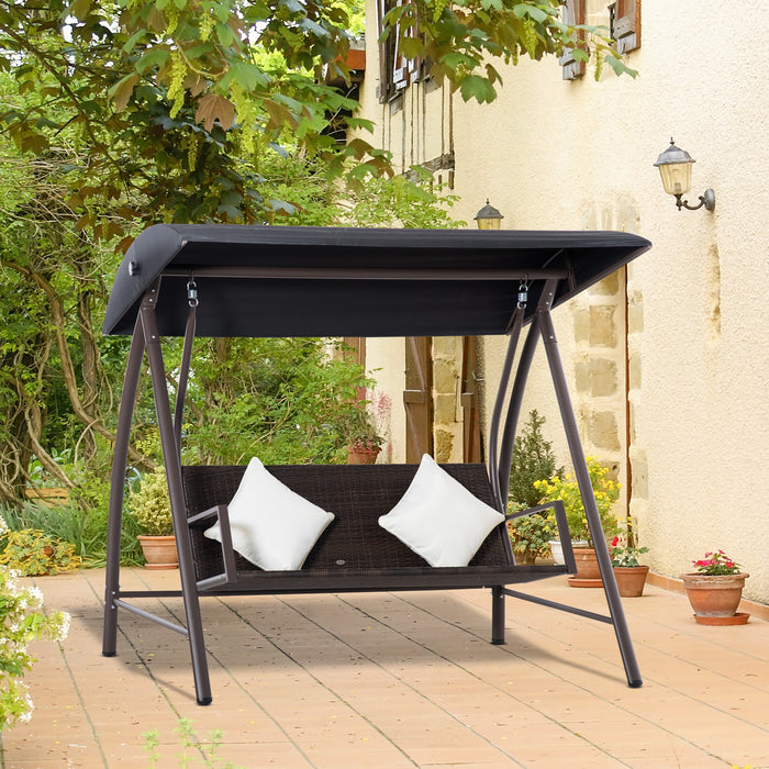 EasyComfort Dondolo da Giardino 3 Posti in Rattan PE e Metallo con Cuscini e Tetto Parasole, 198x124x179cm, Marrone