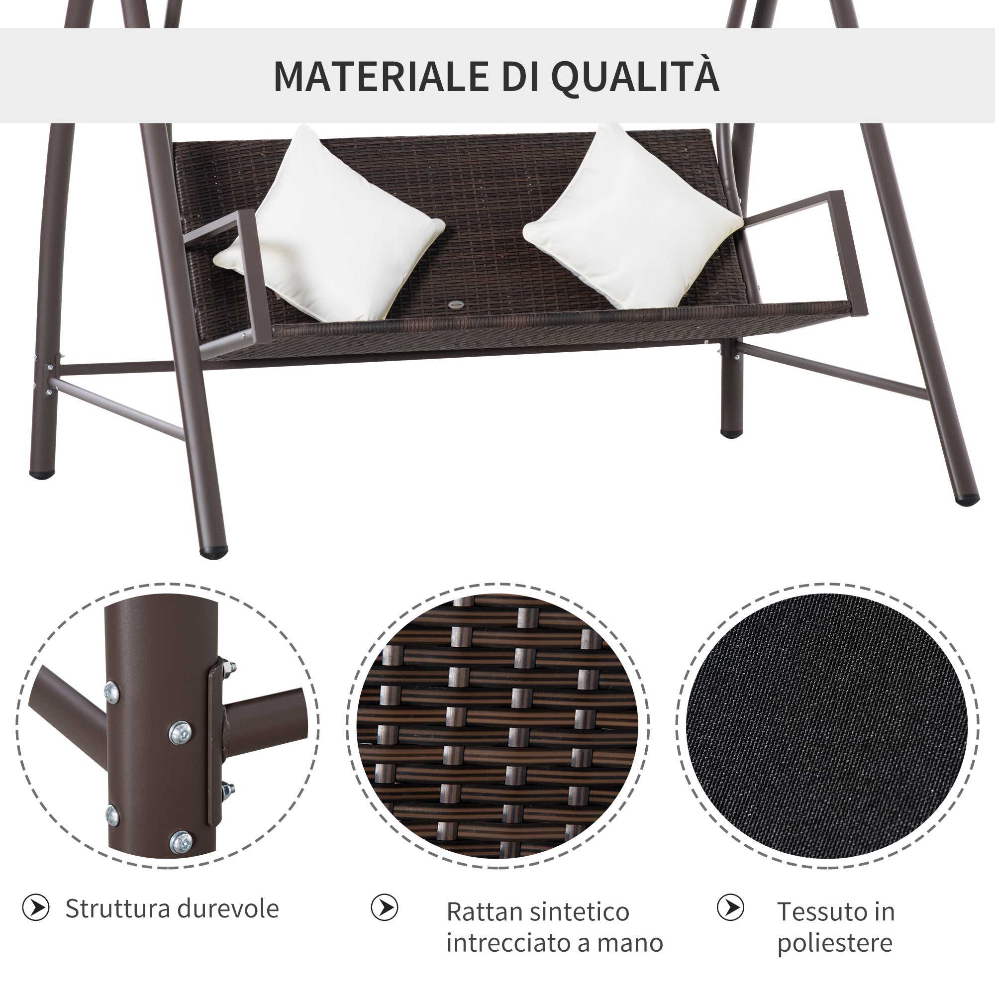 EasyComfort Dondolo da Giardino 3 Posti in Rattan PE e Metallo con Cuscini e Tetto Parasole, 198x124x179cm, Marrone