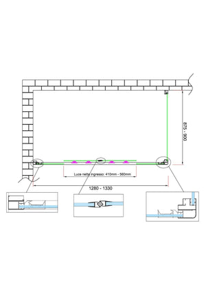 Box doccia 6 mm H 190 parete fissa e porta a 4 ante con apertura centrale MISURA 87,5-90 ANTA FISSA + PORTA 128-133 