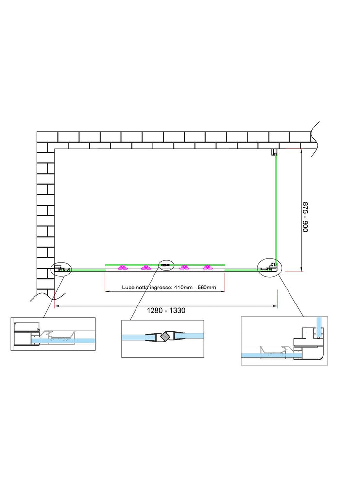 Box doccia 6 mm H 190 parete fissa e porta a 4 ante con apertura centrale MISURA 87,5-90 ANTA FISSA + PORTA 128-133 