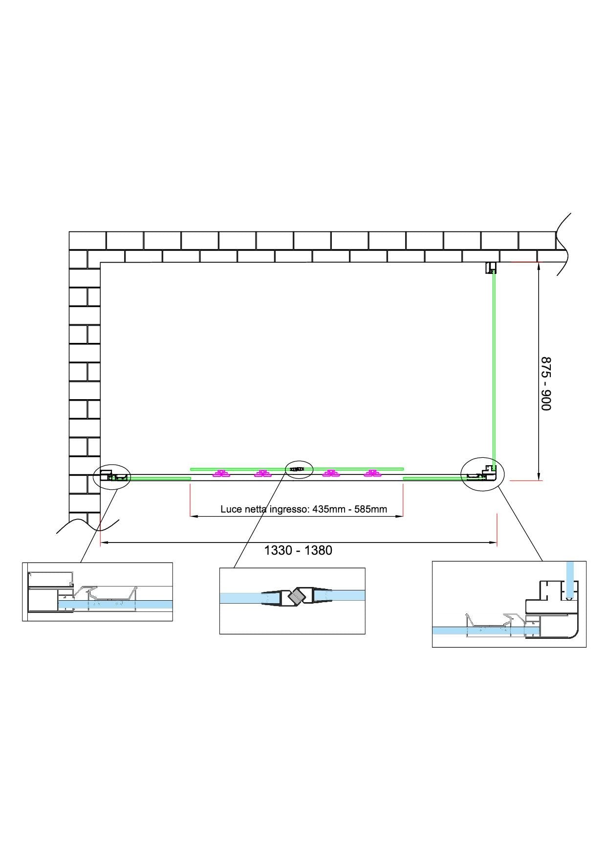 Box doccia 6 mm H 190 parete fissa e porta a 4 ante con apertura centrale MISURA 87,5-90 ANTA FISSA + PORTA 133-138 