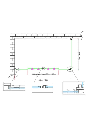 Box doccia 6 mm H 190 parete fissa e porta a 4 ante con apertura centrale MISURA 87,5-90 ANTA FISSA + PORTA 133-138 