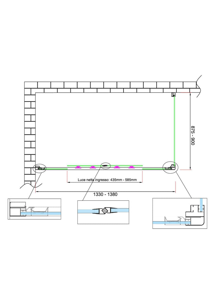 Box doccia 6 mm H 190 parete fissa e porta a 4 ante con apertura centrale MISURA 87,5-90 ANTA FISSA + PORTA 133-138 