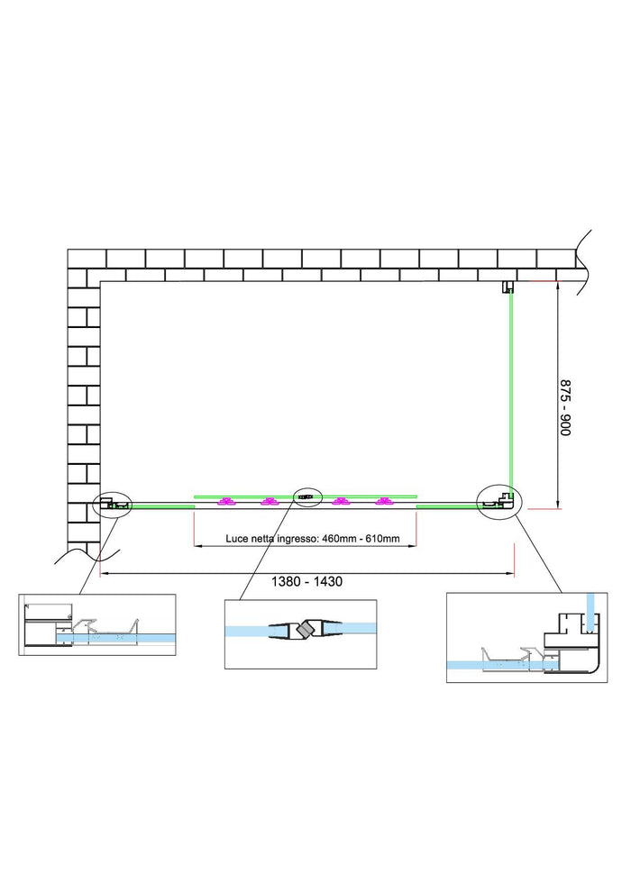 Box doccia 6 mm H 190 parete fissa e porta a 4 ante con apertura centrale MISURA 87,5-90 ANTA FISSA + PORTA 138-143 