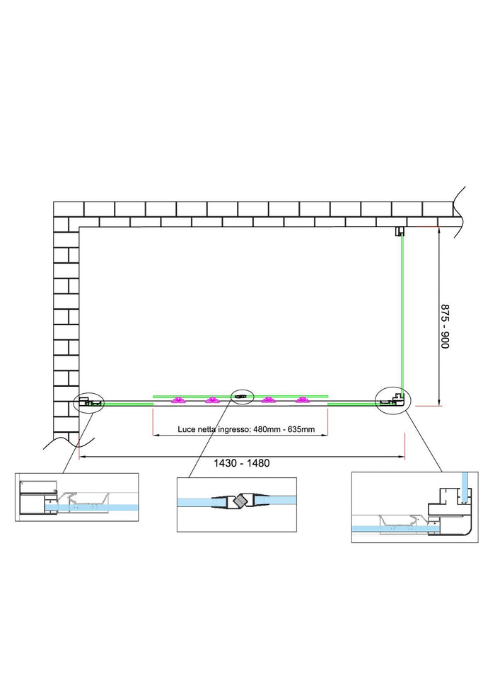 Box doccia 6 mm H 190 parete fissa e porta a 4 ante con apertura centrale MISURA 87,5-90 ANTA FISSA + PORTA 143-148 