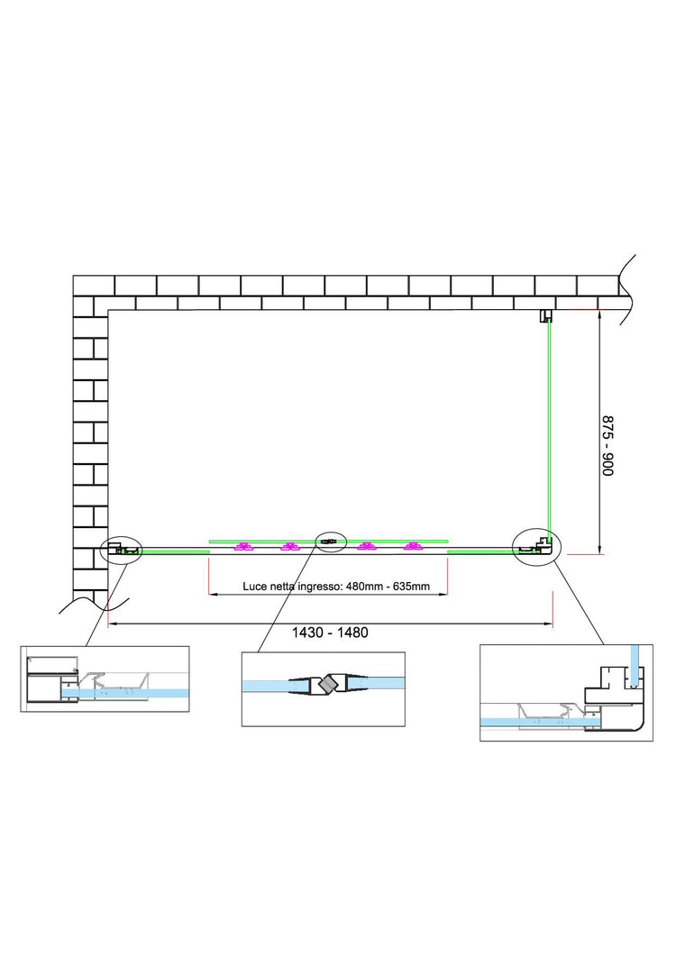 Box doccia 6 mm H 190 parete fissa e porta a 4 ante con apertura centrale MISURA 87,5-90 ANTA FISSA + PORTA 143-148 