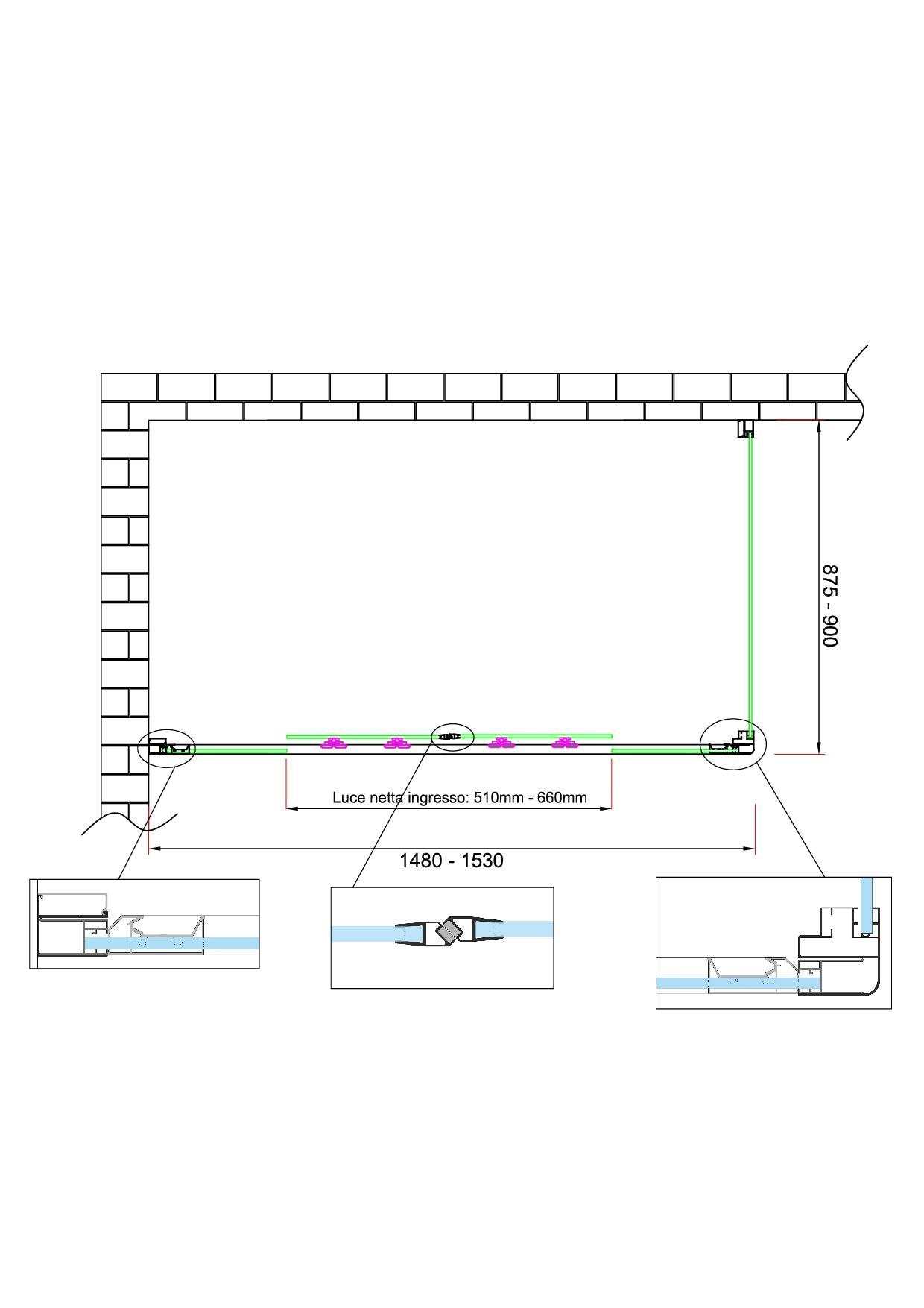 Box doccia 6 mm H 190 parete fissa e porta a 4 ante con apertura centrale MISURA 87,5-90 ANTA FISSA + PORTA 148-153 