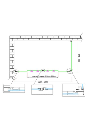 Box doccia 6 mm H 190 parete fissa e porta a 4 ante con apertura centrale MISURA 87,5-90 ANTA FISSA + PORTA 148-153 