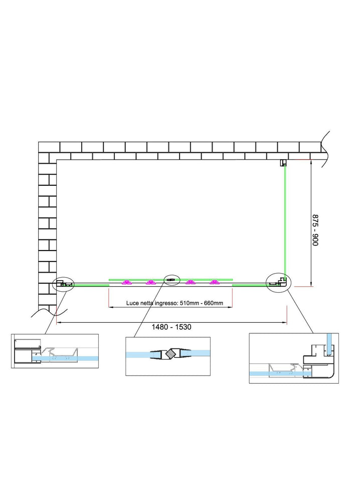 Box doccia 6 mm H 190 parete fissa e porta a 4 ante con apertura centrale MISURA 87,5-90 ANTA FISSA + PORTA 148-153 