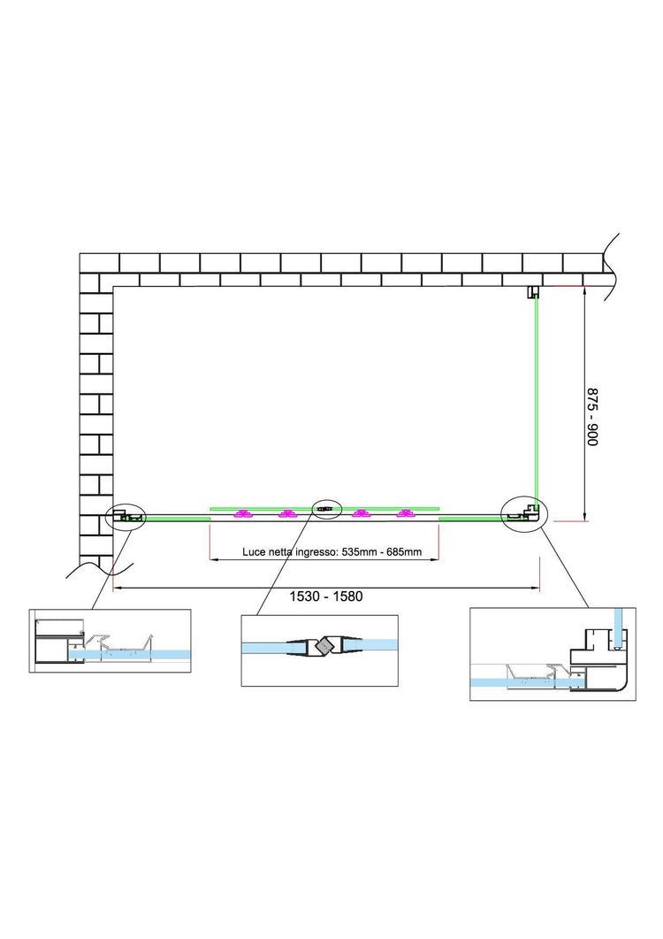 Box doccia 6 mm H 190 parete fissa e porta a 4 ante con apertura centrale MISURA 87,5-90 ANTA FISSA + PORTA 153-158 