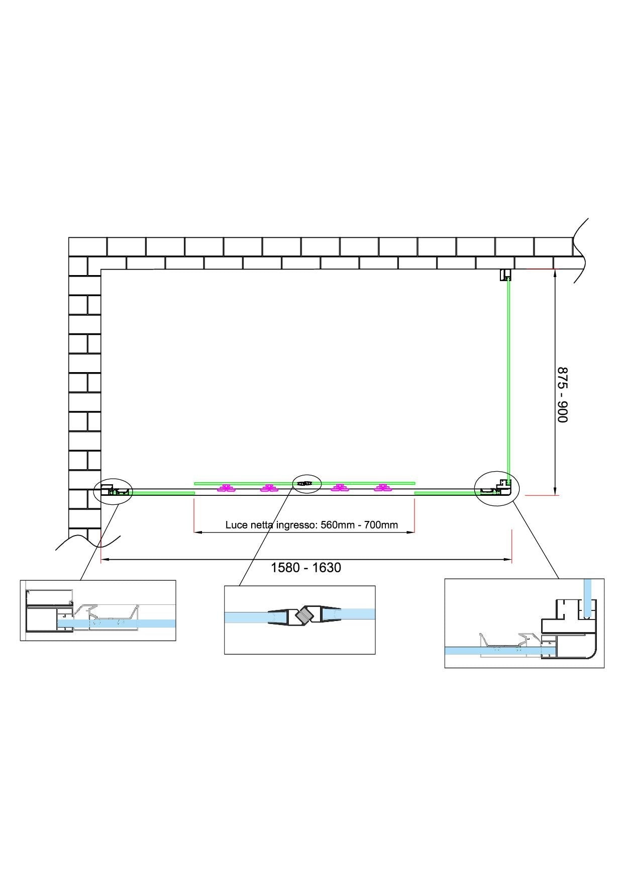 Box doccia 6 mm H 190 parete fissa e porta a 4 ante con apertura centrale MISURA 87,5-90 ANTA FISSA + PORTA 158-163 