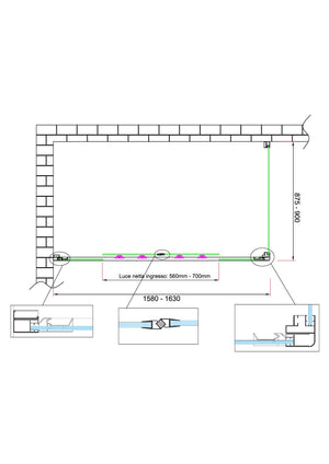 Box doccia 6 mm H 190 parete fissa e porta a 4 ante con apertura centrale MISURA 87,5-90 ANTA FISSA + PORTA 158-163 