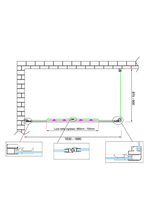 Box doccia 6 mm H 190 parete fissa e porta a 4 ante con apertura centrale MISURA 87,5-90 ANTA FISSA + PORTA 163-168 