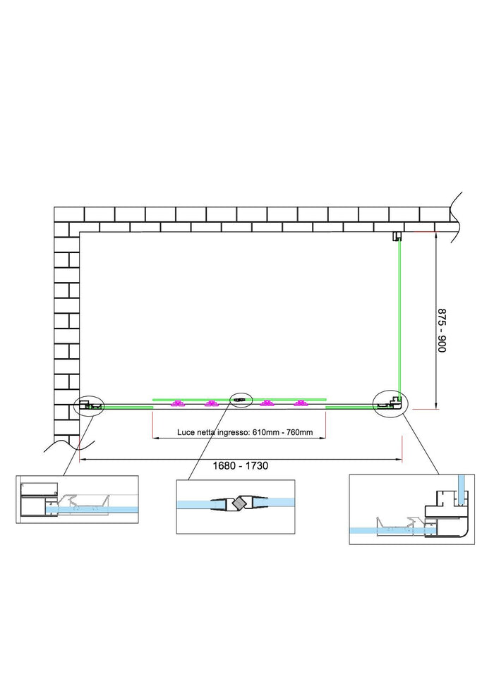 Box doccia 6 mm H 190 parete fissa e porta a 4 ante con apertura centrale MISURA 87,5-90 ANTA FISSA + PORTA 168-173 